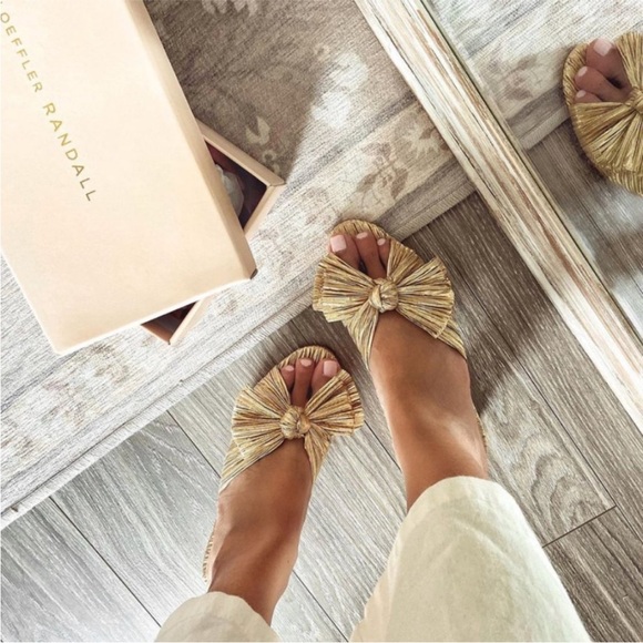 $395 Loeffler Randall Emilia Penny slides mules Gold pleated knot bow 5.5 - Picture 2 of 8